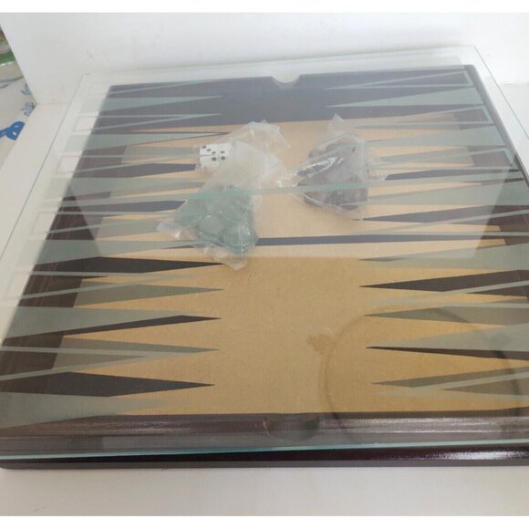 Vintage Wooden Backgammon Game with Glass overlay & Glass Pieces 1970's - Picture 11 of 13